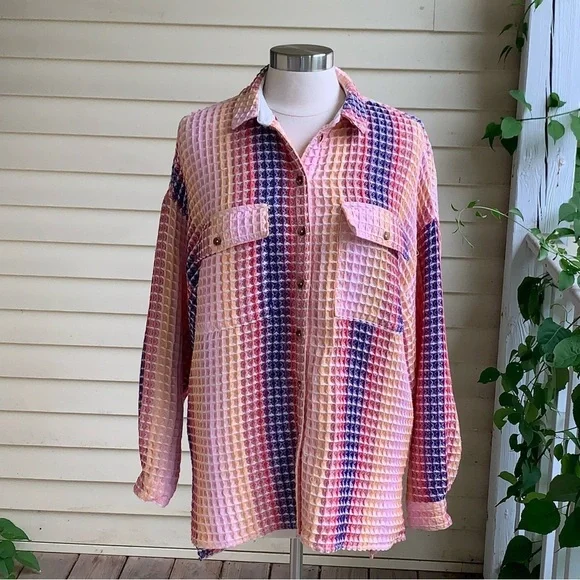 Urban Outfitters BDG S Rainbow Waffle Texture Button Up Shirt Jacket Oversized - Picture 3 of 10